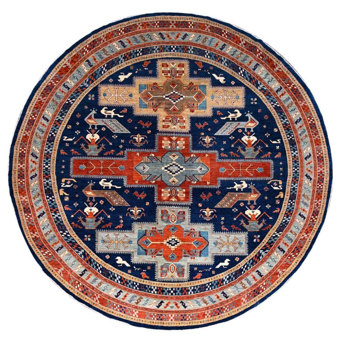 Ralph Lauren Blue Caucasian Wool Hand Knotted Round Oriental Rug: Title: Ralph Lauren Blue Caucasian Wool Hand Knotted Round Oriental Rug Description:This is a truly genuine one-of-a-kind. It has been Knotted for months and months in the centuries-old weaving crafts