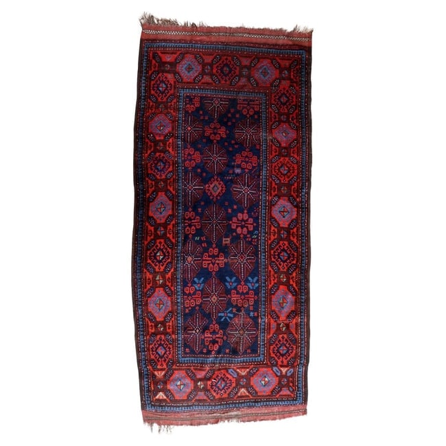 Handmade Antique Afghan Baluch Rug 3.1' x 7.1' (95cm x 219cm) 1880s (1 of 13)