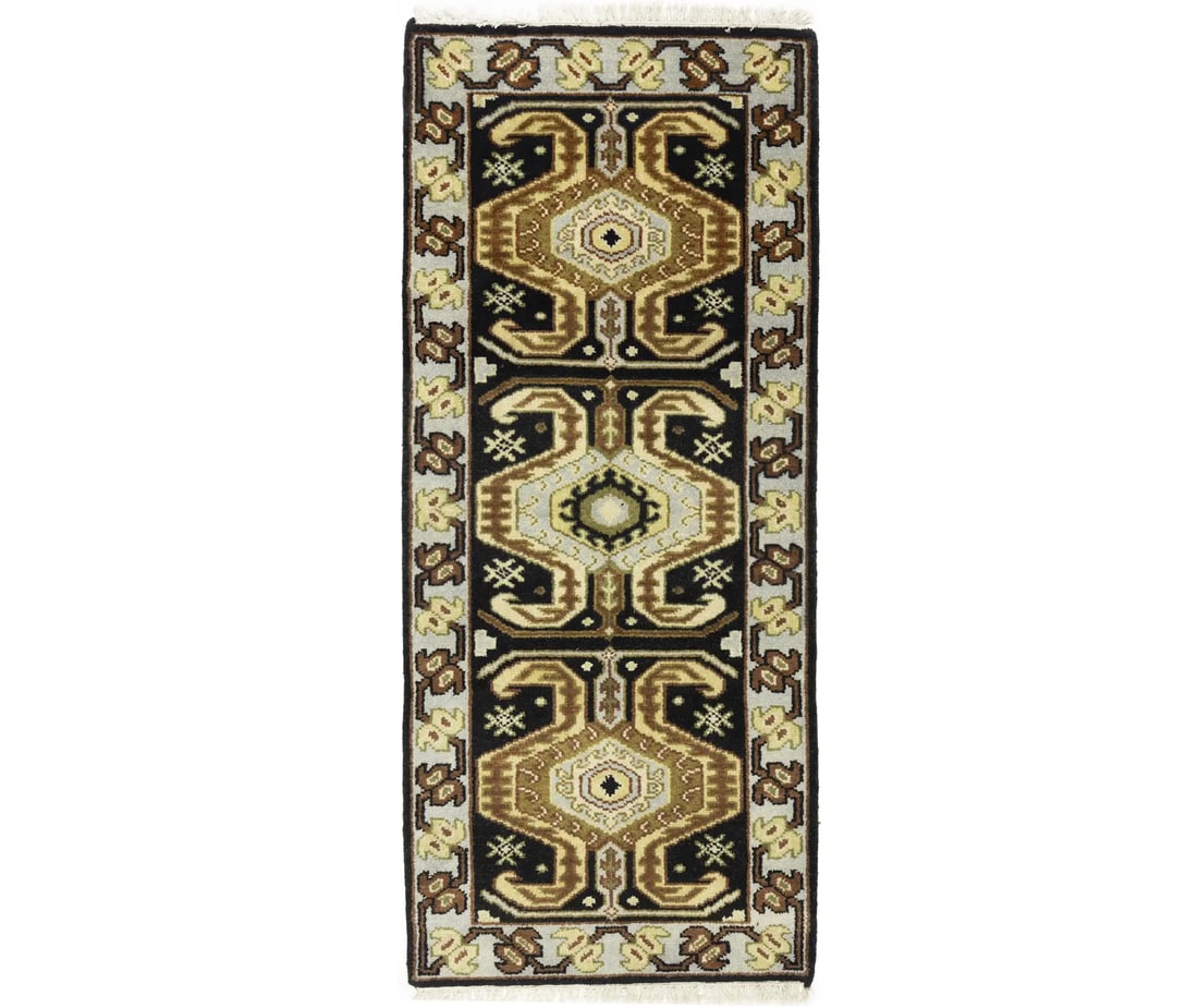 Charcoal Geometric Tribal 3X6 Serapi Oriental Rug: Title:Charcoal Geometric Tribal 3X6 Serapi Oriental Rug Description:Handmade 3X6 black Oriental rug made with vegetable dyes (fine wool pile and cotton foundation), superior knot count, and appealing