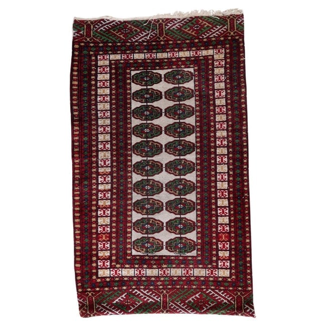 Handmade Vintage Uzbek Bukhara Rug 2.5' x 4.2' (77cm x 128cm) 1960s: Title: Handmade Vintage Uzbek Bukhara Rug 2.5' x 4.2' (77cm x 128cm) 1960s Origin: Uzbekistan Dimension:2.5' x 4.2' (77cm x 128cm) Materials:wool Year:1960s Description:Handmade Vintage Uzbek Bukhara