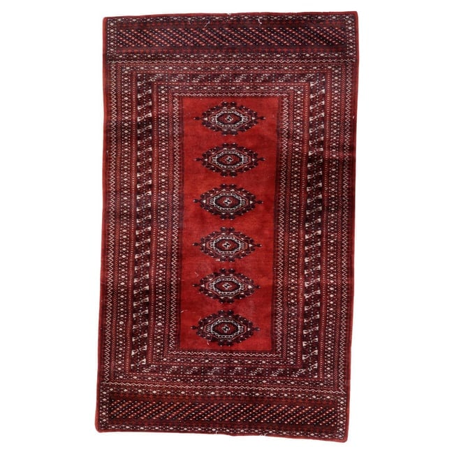 Handmade Vintage Uzbek Bukhara Rug 3' x 5.1', 1950s: Title: Handmade Vintage Uzbek Bukhara Rug 3' x 5.1', 1950s Origin: Uzbekistan Dimension:3' x 5.1' Materials:wool Year:1950s Description:Elevate your space with the timeless elegance of this Handmade