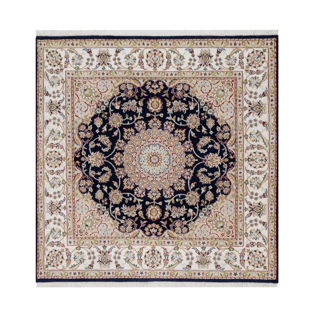 Midnight Blue Wool & Silk Hand Knotted Nain with Center Medallion Rug: Title: Midnight Blue Wool & Silk Hand Knotted Nain with Center Medallion Rug Description:This is a truly genuine one-of-a-kind. It has been Knotted for months and months in the centuries-old weaving