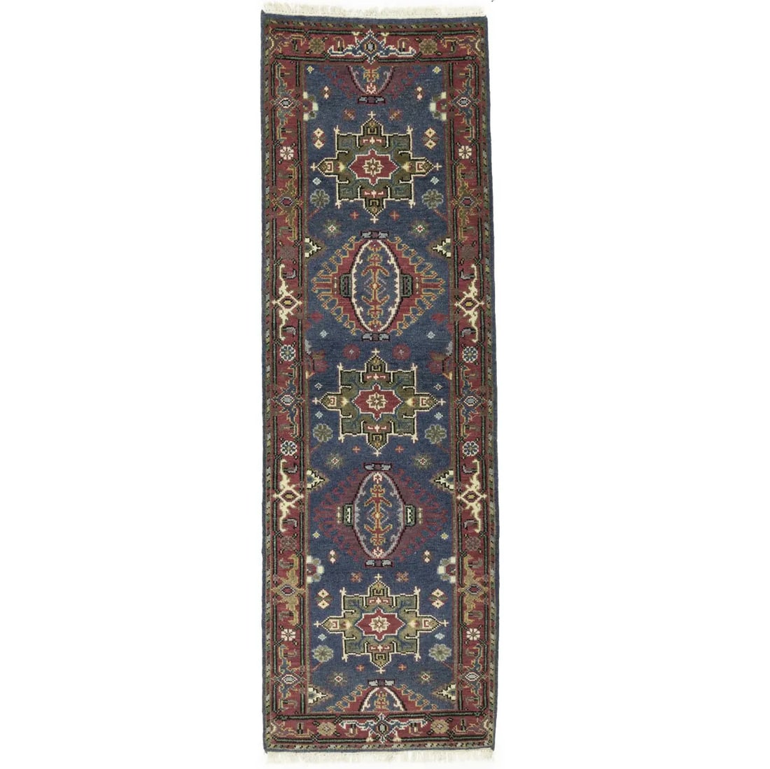 Gray Geometric 3X8 Indo-Karajeh Oriental Runner Rug: Title:Gray Geometric 3X8 Indo-Karajeh Oriental Runner Rug Description:Handmade 3X8 gray Oriental runner made with vegetable dyes (fine wool pile and cotton foundation), superior knot count, and appeal