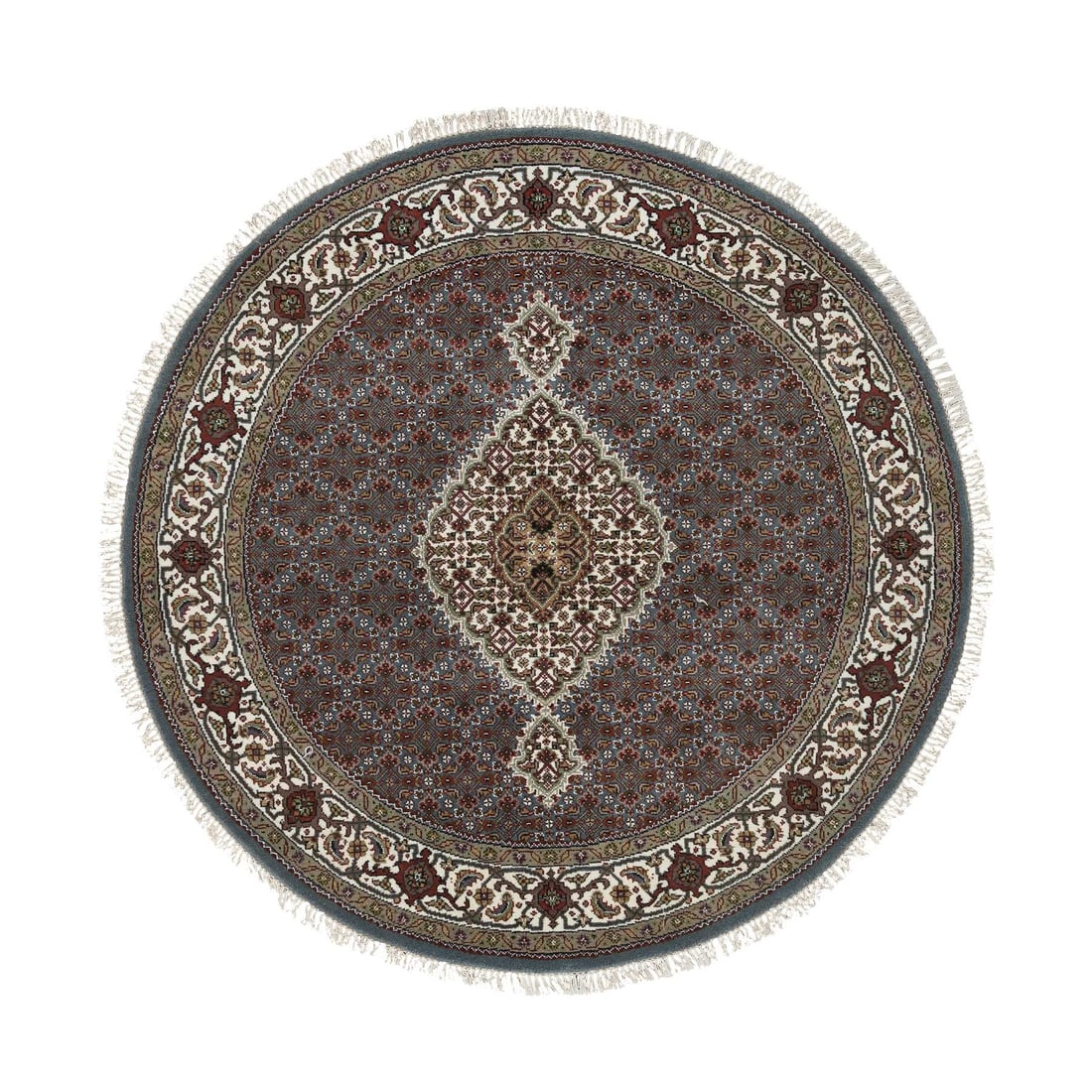 Ivory Wool Hand Knotted Tabriz Mahi Round Oriental Rug: Title: Ivory Wool Hand Knotted Tabriz Mahi Round Oriental Rug Description:This is a truly genuine one-of-a-kind. It has been Knotted for months and months in the centuries-old weaving craftsmanship