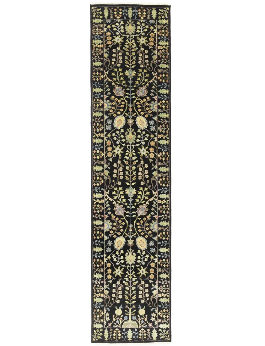 Black Floral 2'5X10'2 Osh Chobi Oriental Runner Rug: Title:Black Floral 2'5X10'2 Osh Chobi Oriental Runner Rug Description:Handmade 2'5X10'2 black oriental runner made with vegetable dyes (fine wool pile and cotton foundation), superior knot count, and