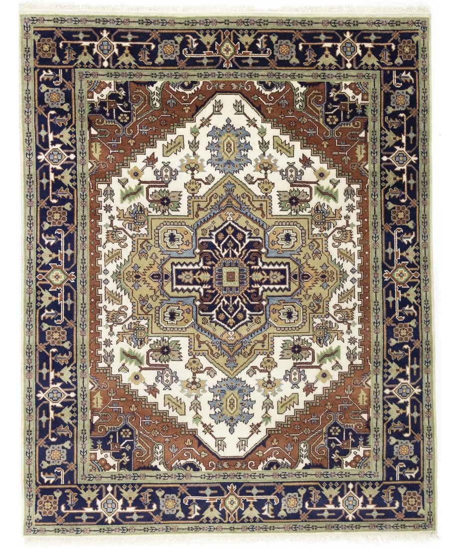 Cream Geometric 8X10 Heriz Serapi Oriental Rug: Title:Cream Geometric 8X10 Heriz Serapi Oriental Rug Description:Handmade 8X10 cream Oriental rug made with vegetable dyes (fine wool pile and cotton foundation), superior knot count, and appealing an