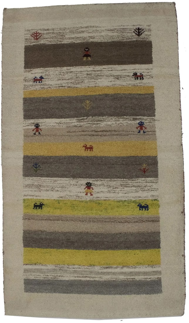 Cream Tribal 3X5 Indo-Gabbeh Oriental Rug: Title:Cream Tribal 3X5 Indo-Gabbeh Oriental Rug Description:Handmade 3X5 cream oriental rug made with natural dyes (fine wool pile and cotton foundation), superior knot count, and appealing ancient