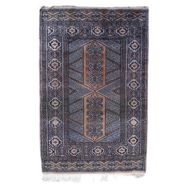 Handmade Vintage Uzbek Bukhara Rug 2' x 3.1', 1950s: Title: Handmade Vintage Uzbek Bukhara Rug 2' x 3.1', 1950s Origin: Uzbekistan Dimension:2' x 3.1' Materials:wool Year:1950s Description:Handmade Vintage Uzbek Bukhara Rug:Design and
