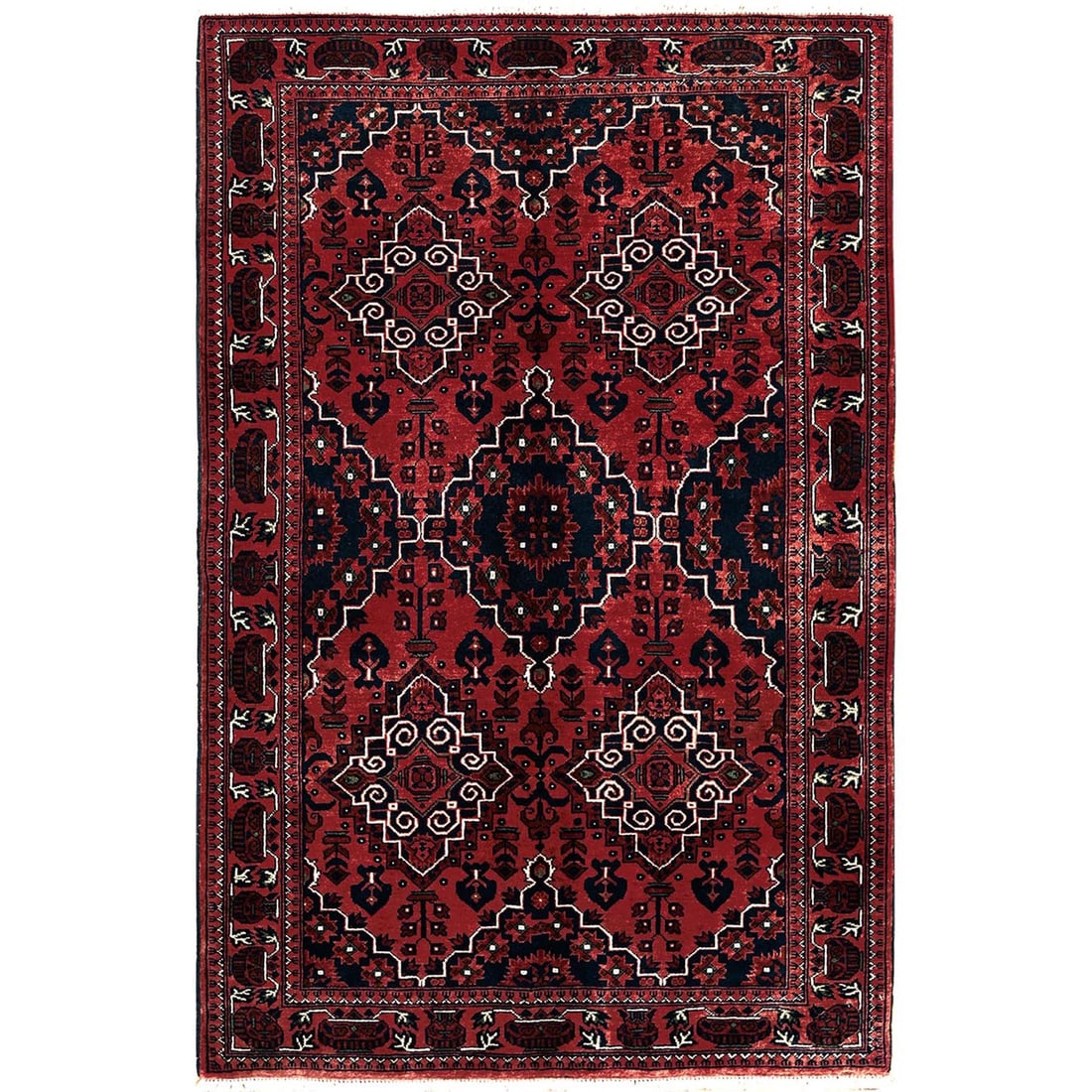 Red Afghan Khamyab Geometric Medallions Design Hand Knotted Wool Rug: Title: Red Afghan Khamyab Geometric Medallions Design Hand Knotted Wool Rug Description:This is a truly genuine one-of-a-kind. It has been Knotted for months and months in the centuries-old weaving