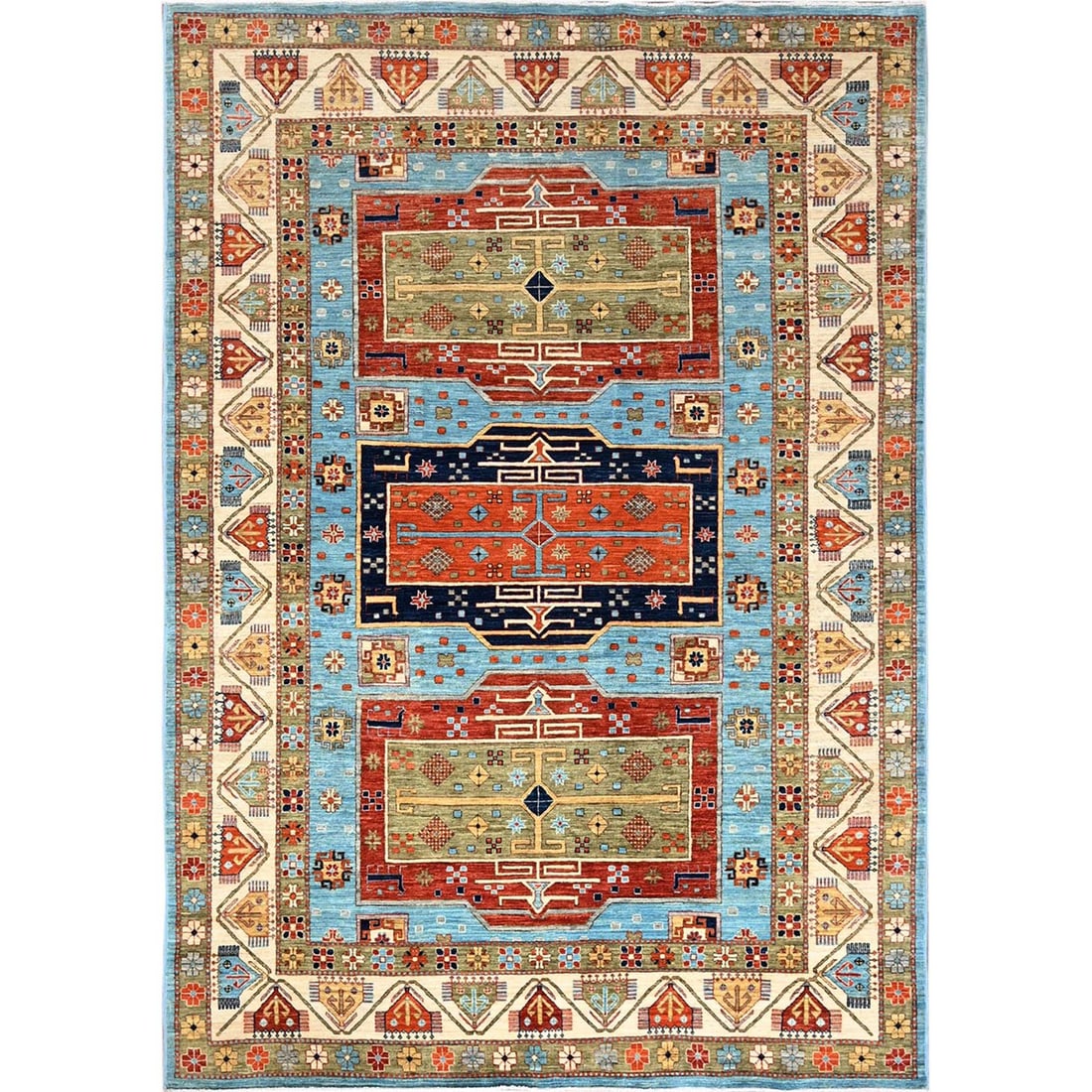 Maya Blue Armenian Inspired Caucasian Design Hand Knotted All Wool Rug: Title: Maya Blue Armenian Inspired Caucasian Design Hand Knotted All Wool Rug Description:This is a truly genuine one-of-a-kind. It has been Knotted for months and months in the centuries-old weaving 
