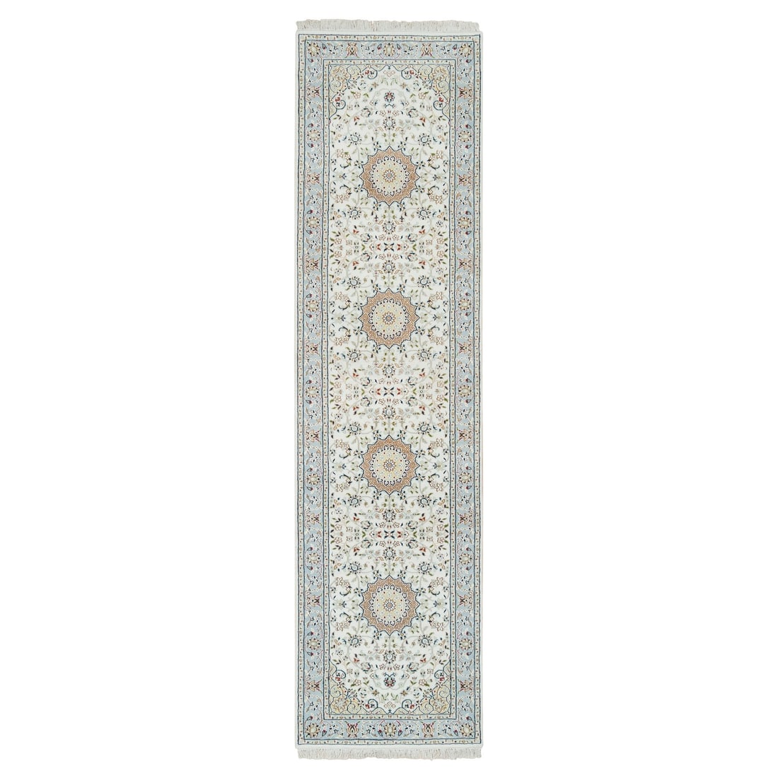Ivory Nain Design 250 KPSI Hand Knotted Pure Wool Runner Rug: Title: Ivory Nain Design 250 KPSI Hand Knotted Pure Wool Runner Rug Description:This is a truly genuine one-of-a-kind. It has been Knotted for months and months in the centuries-old weaving craftsmans