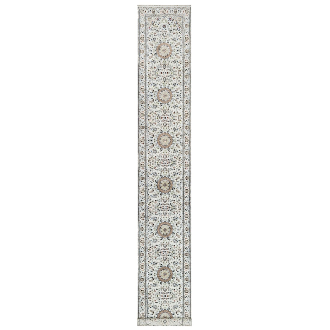 Ivory Nain with Flower Design 250 KPSI Hand Knotted Wool and Silk Rug: Title: Ivory Nain with Flower Design 250 KPSI Hand Knotted Wool and Silk Rug Description:This is a truly genuine one-of-a-kind. It has been Knotted for months and months in the centuries-old weaving c