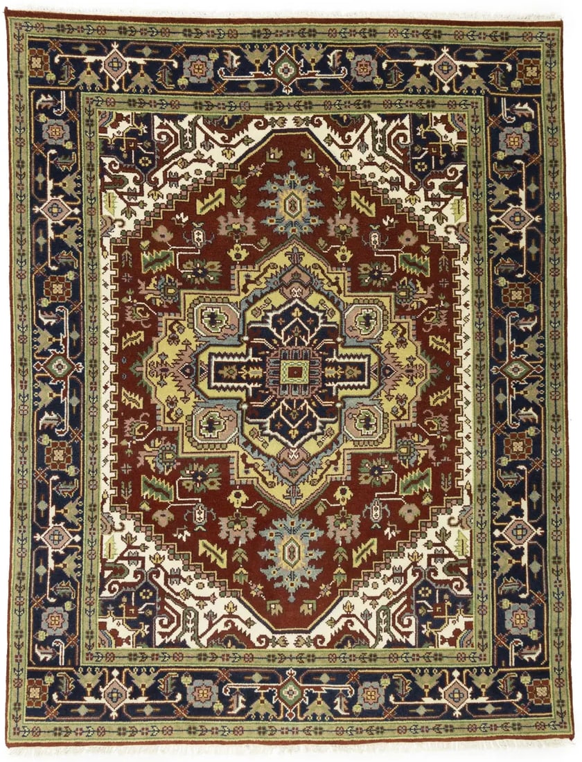 Red Geometric 8X10 Heriz Serapi Oriental Rug: Title:Red Geometric 8X10 Heriz Serapi Oriental Rug Description:Handmade 8X10 red Oriental rug made with vegetable dyes (fine wool pile and cotton foundation), superior knot count, and appealing ancien
