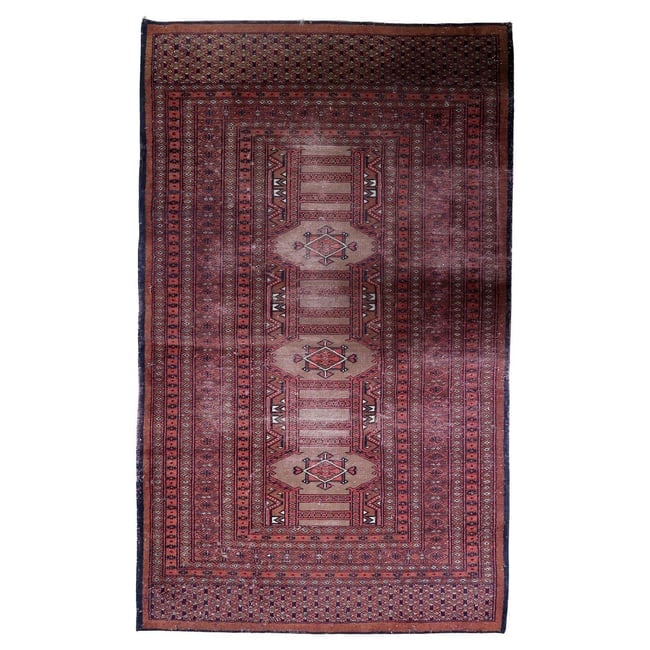 Handmade Vintage Uzbek Bukhara Rug 3.1' x 5.1' (95cm x 157cm), 1950s: Title: Handmade Vintage Uzbek Bukhara Rug 3.1' x 5.1' (95cm x 157cm), 1950s Origin: Uzbekistan Dimension:3.1' x 5.1' (95cm x 157cm) Materials:wool Year:1950s Description:Authentic Mid-Century Uzbek