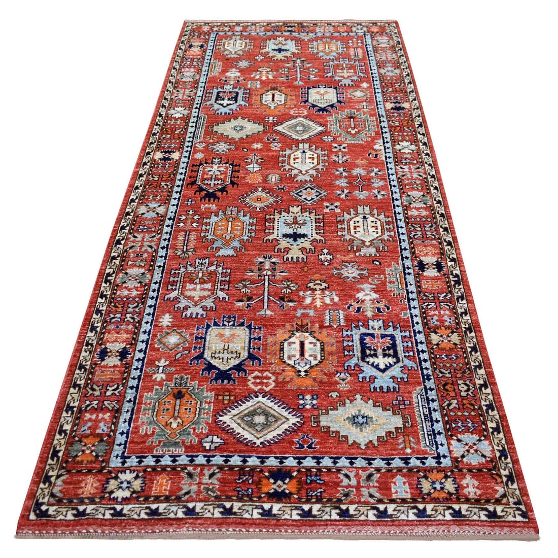 Coral Red Afghan Ersari, Elements Design Hand Knotted Wool Runner Rug: Title: Coral Red Afghan Ersari, Elements Design Hand Knotted Wool Runner Rug Description:This is a truly genuine one-of-a-kind. It has been Knotted for months and months in the centuries-old weaving