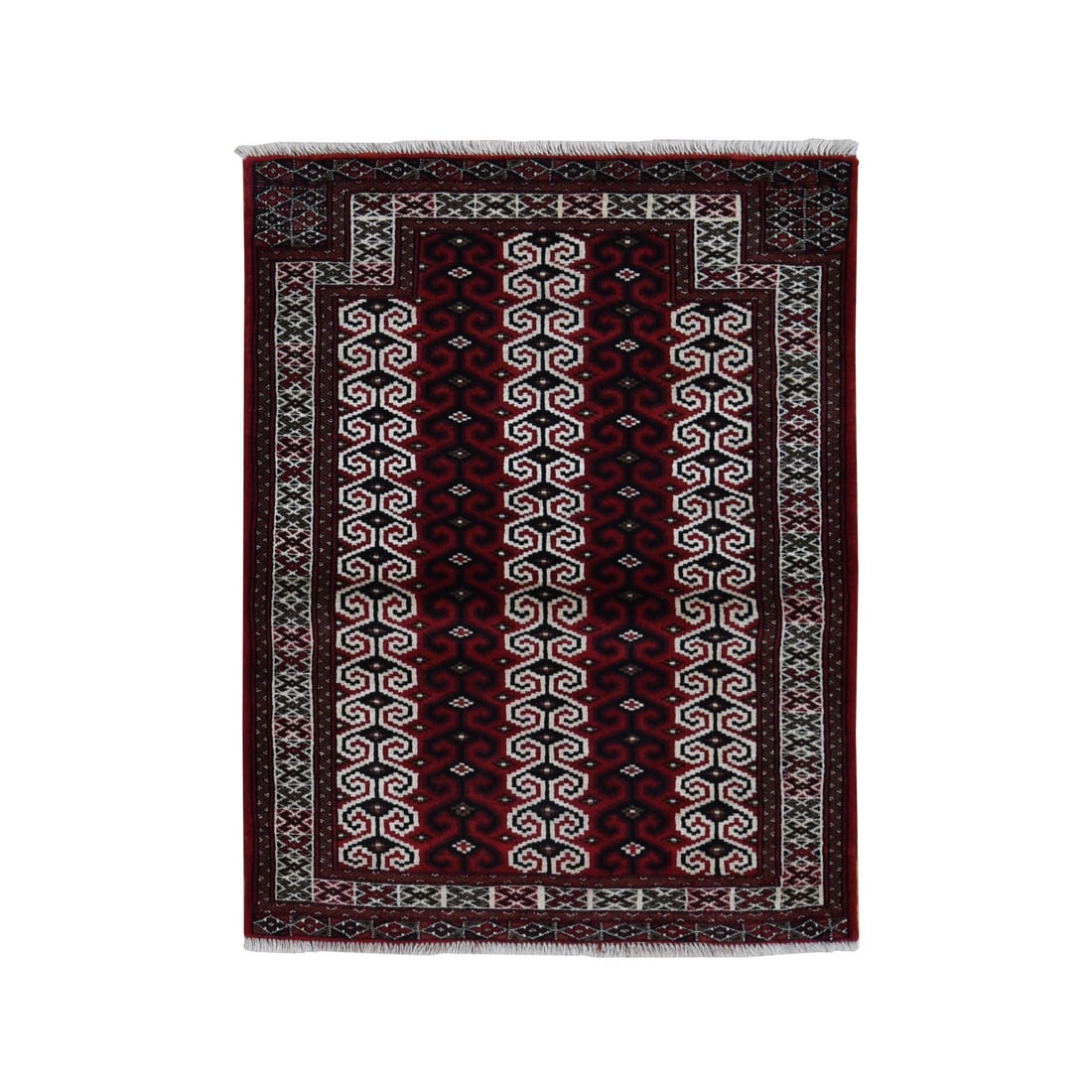 Maroon Red, Turkoman Repetitive Design, Pure Wool, Hand Knotted Rug (1 of 9)