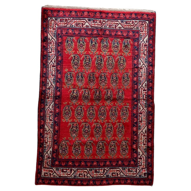 Handmade Vintage Persian Hamadan Rug 4.6' x 6.11 (137cm x 210cm), 1960s: Title: Handmade Vintage Persian Hamadan Rug 4.6' x 6.11 (137cm x 210cm), 1960s Origin: Middle East Dimension:4.6' x 6.11 (137cm x 210cm) Materials:wool Year:1960s Description:This captivating vintage