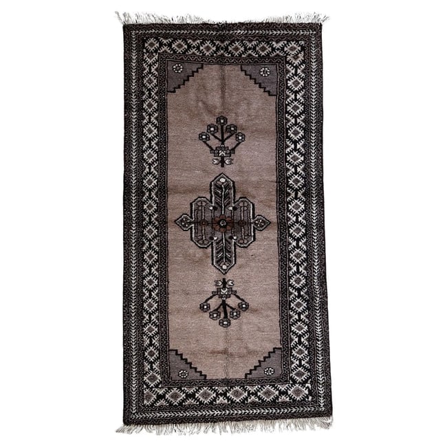 Handmade Vintage Persian Gabbeh Rug 3.6' x 7' (111cm x 214cm), 1970s: Title: Handmade Vintage Persian Gabbeh Rug 3.6' x 7' (111cm x 214cm), 1970s Origin: Middle East Dimension:3.6' x 7' (111cm x 214cm) Materials:wool Year:1970s Description:Introducing our captivating Vi