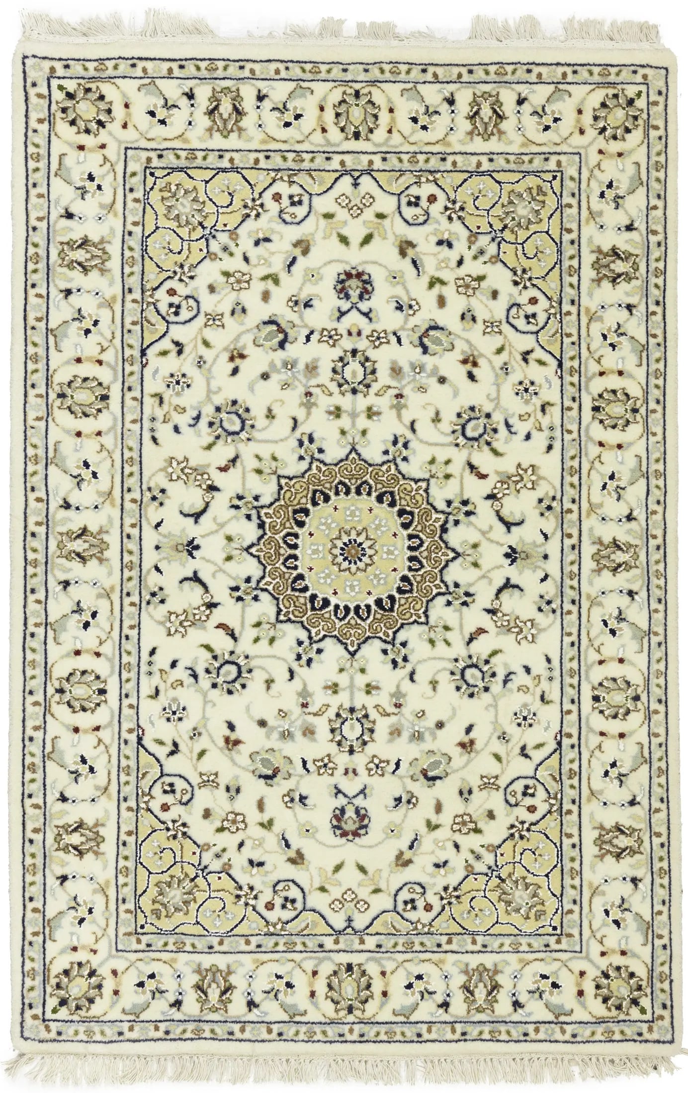 Cream Floral 3X4 Indo-Nain Oriental Rug: Title:Cream Floral 3X4 Indo-Nain Oriental Rug Description:Handmade 3X4 cream Oriental rug made with vegetable dyes (fine wool pile and cotton foundation), exceptional knot count, and appealing an