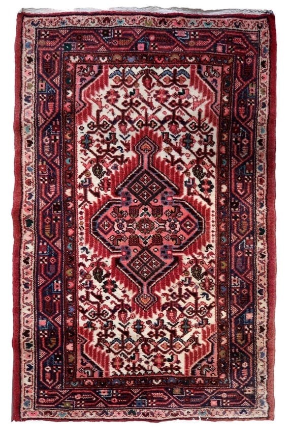 Handmade Vintage Persian Hamadan Rug 2.5' x 4' (77cm x 124cm), 1970s: Title: Handmade Vintage Persian Hamadan Rug 2.5' x 4' (77cm x 124cm), 1970s Origin: Middle East Dimension:2.5' x 4' (77cm x 124cm) Materials:wool Year:1970s Description:Discover the timeless allure
