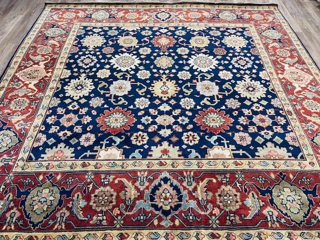 Squar Size All-Over Blue Heriz Rug-5201: Title:Squar Size All-Over Blue Heriz Rug-5201 Description:Georgous Indo- Persian allover Blue field Heriz from India, size 9 ft by 9 ft, excellent conditiom with good pile throughout and all original 