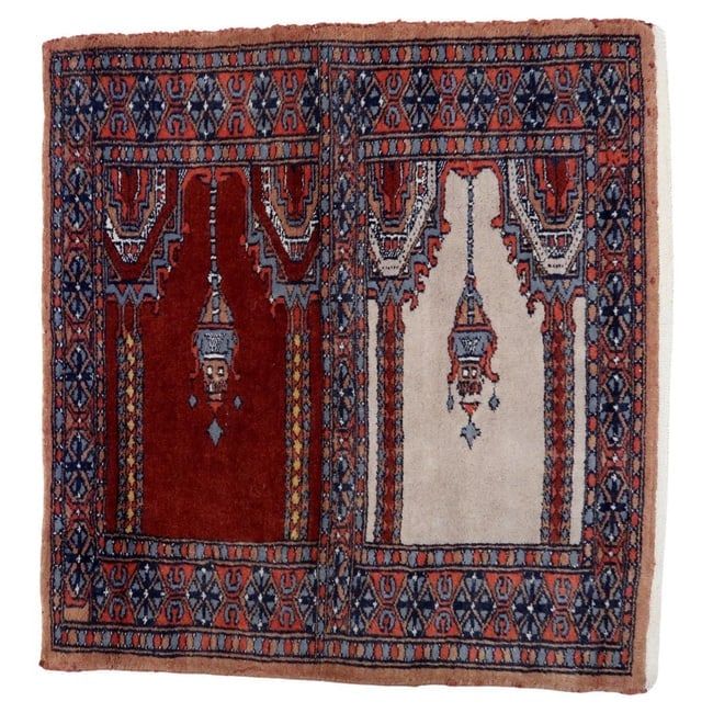 Handmade Vintage Pakistani Lahore Prayer Rug 1.9' x 1.9' (58cm x 60cm), 1960s: Title: Handmade Vintage Pakistani Lahore Prayer Rug 1.9' x 1.9' (58cm x 60cm), 1960s Origin: Pakistan Dimension:1.9' x 1.9' (58cm x 60cm) Materials:wool Year:1960s Description:Handmade Vintage Pakista