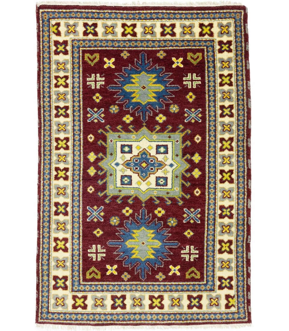 Maroon Red Geometric 4X6 Kazak Oriental Rug: Title:Maroon Red Geometric 4X6 Kazak Oriental Rug Description:Hand Knotted 5X6 red Oriental rug made with vegetable dyes (fine wool pile and cotton foundation), superior knot count, and appealing anci
