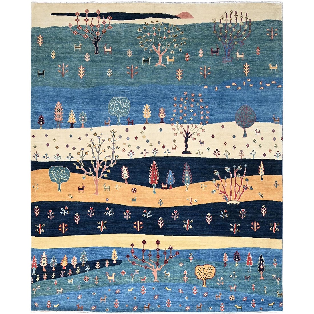 Legion Blue Scenery Gabbeh Hand Knotted 100% Wool Oriental Rug: Title: Legion Blue Scenery Gabbeh Hand Knotted 100% Wool Oriental Rug Description:This is a truly genuine one-of-a-kind. It has been Knotted for months and months in the centuries-old weaving craftsma