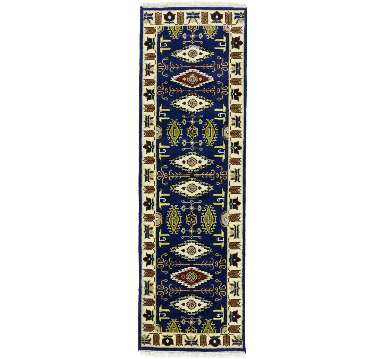 Navy Blue Geometric 3X8 Kazak Oriental Runner Rug: Title:Navy Blue Geometric 3X8 Kazak Oriental Runner Rug Description:Handmade 3X8 blue oriental runner made with vegetable dyes (fine wool pile and cotton foundation), superior knot count, and appealin