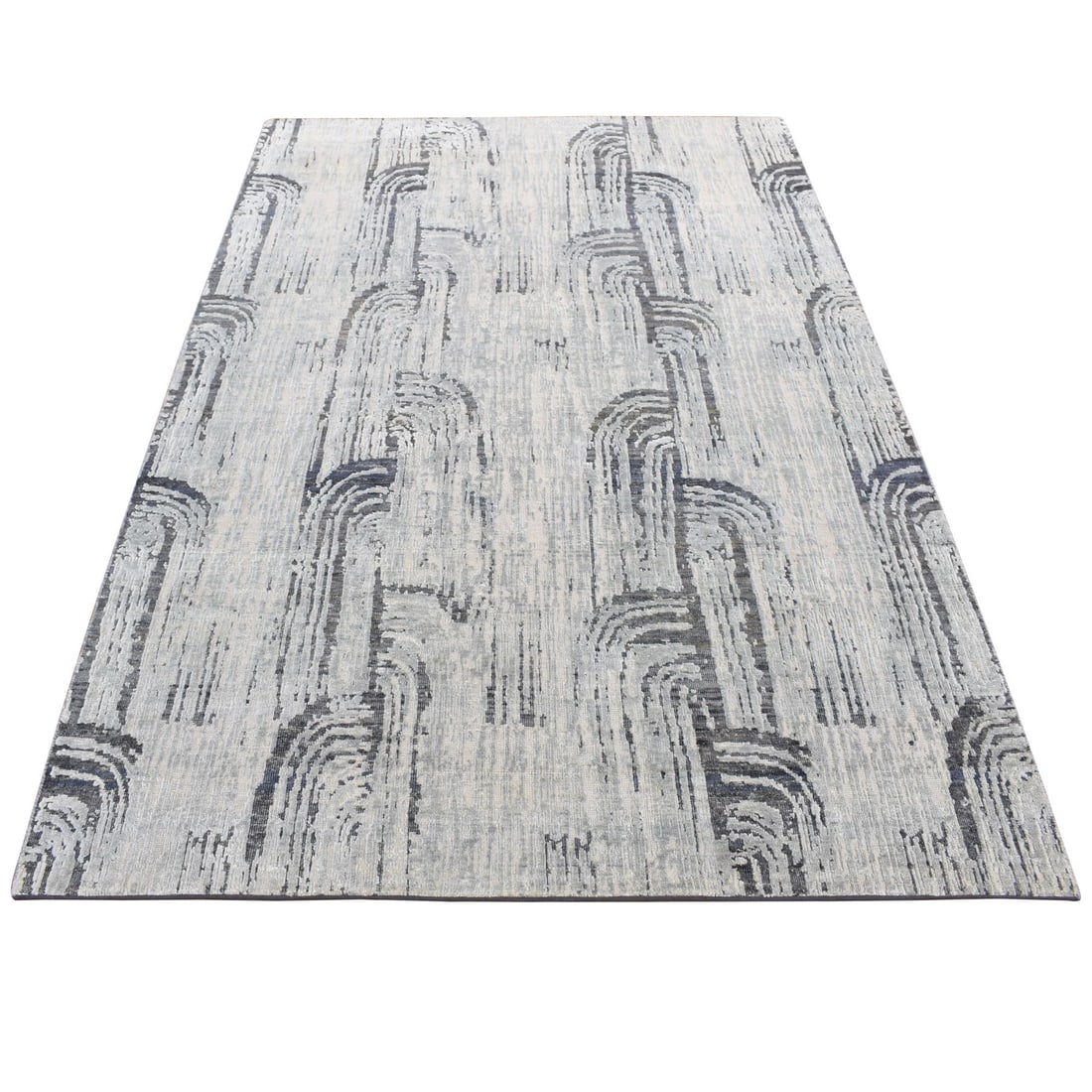 Mirage Grey, THE CANE, Pure Silk With Oxidized Wool Hand-Knotted Rug: Title: Mirage Grey, THE CANE, Pure Silk With Oxidized Wool Hand-Knotted Rug Description:This is a truly genuine one-of-a-kind. It has been Knotted for months and months in the centuries-old weaving cr