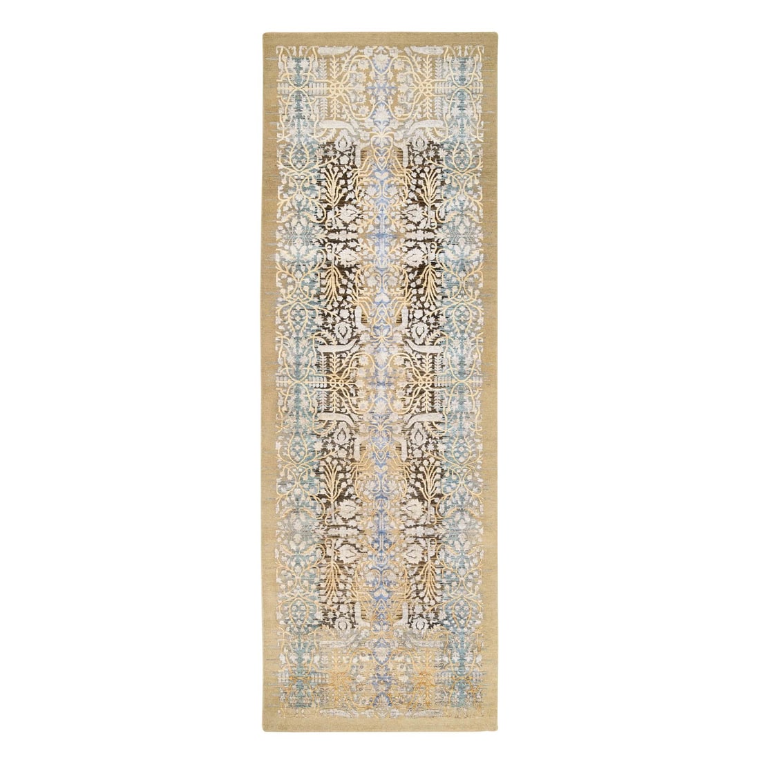 Gold Brown, Silk With Textured Wool, Hand Knotted, Runner, Rug: Title: Gold Brown, Silk With Textured Wool, Hand Knotted, Runner, Rug Description:This is a truly genuine one-of-a-kind. It has been Knotted for months and months in the centuries-old weaving craftsma