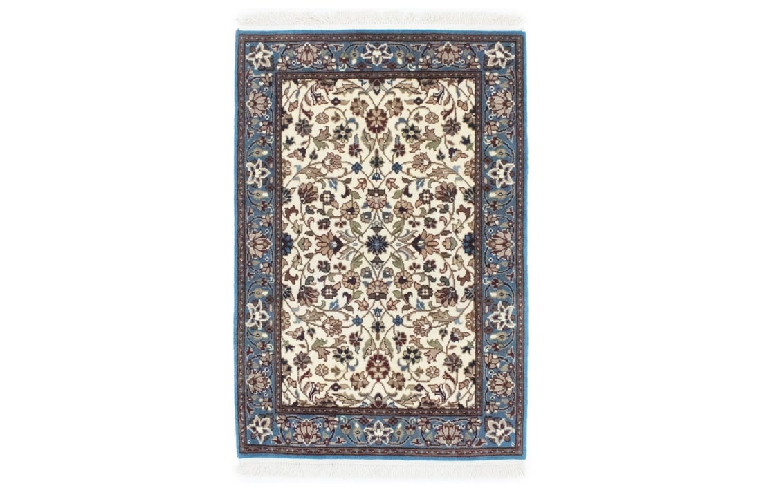 Cream Floral Kirman 3X4 Oriental Rug: Title:Cream Floral Kirman 3X4 Oriental Rug Description:Hand Knotted 3X4 cream oriental rug made with natural dyes (fine wool pile and cotton foundation), superior knot count, and appealing ancient