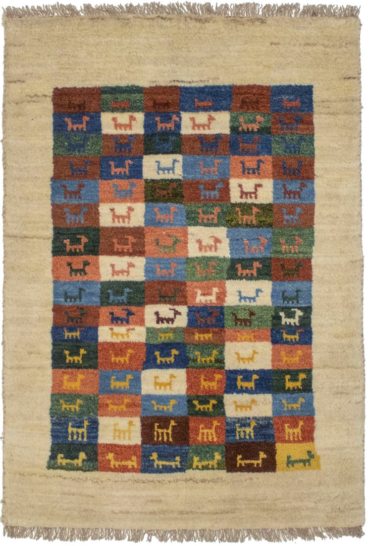Border Checker Tribal 2'6X3'8 Gabbeh Persian Rug: Title:Border Checker Tribal 2'6X3'8 Gabbeh Persian Rug Description:Handmade 2'6X3'8 cream Persian rug made with natural dyes (fine wool pile and cotton foundation), superior knot count, and alluring a