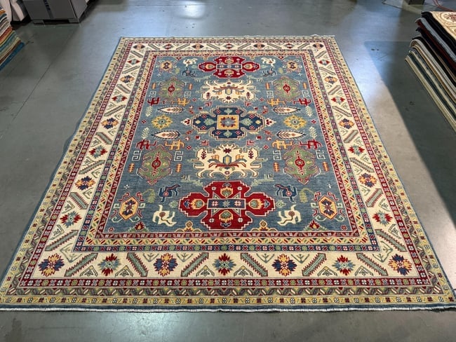 Exquisite Fine Kazak Rug 8.2x10.2: Title:Exquisite Fine Kazak Rug 8.2x10.2 Description:8'.2 x10'.2" Fine Kazak Rug, hand spun and hand knotted rug in Pakistan 100% Vegge Dye natural wool with beautiful High Sheen Pile , in Royal Blue, 