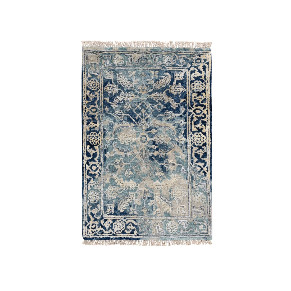 Navy Blue, Heriz Erased Design Wool and Silk, Hand Knotted Mat Rug: Title: Navy Blue, Heriz Erased Design Wool and Silk, Hand Knotted Mat Rug Description:This is a truly genuine one-of-a-kind. It has been Knotted for months and months in the centuries-old weaving