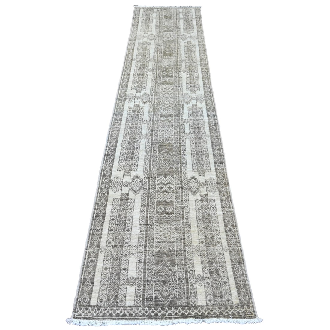 Brown Berber Influence Geometric Pattern Hand Knotted Wool Runner Rug: Title: Brown Berber Influence Geometric Pattern Hand Knotted Wool Runner Rug Description:This is a truly genuine one-of-a-kind. It has been Knotted for months and months in the centuries-old weaving c