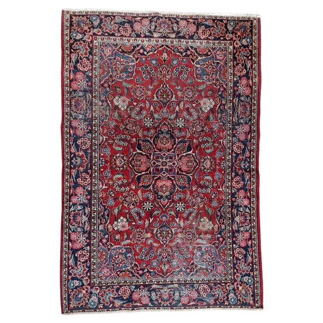 Handmade 1920s Persian Kashan Rug 4.4' x 6.10' - Deep Ruby & Indigo: Title: Handmade 1920s Persian Kashan Rug 4.4' x 6.10' - Deep Ruby & Indigo Origin: Middle East Dimension:4.4' x 6.10' Materials:wool Year:1920s Description:An exquisite 1920s Hand-Knotted Persian Kash