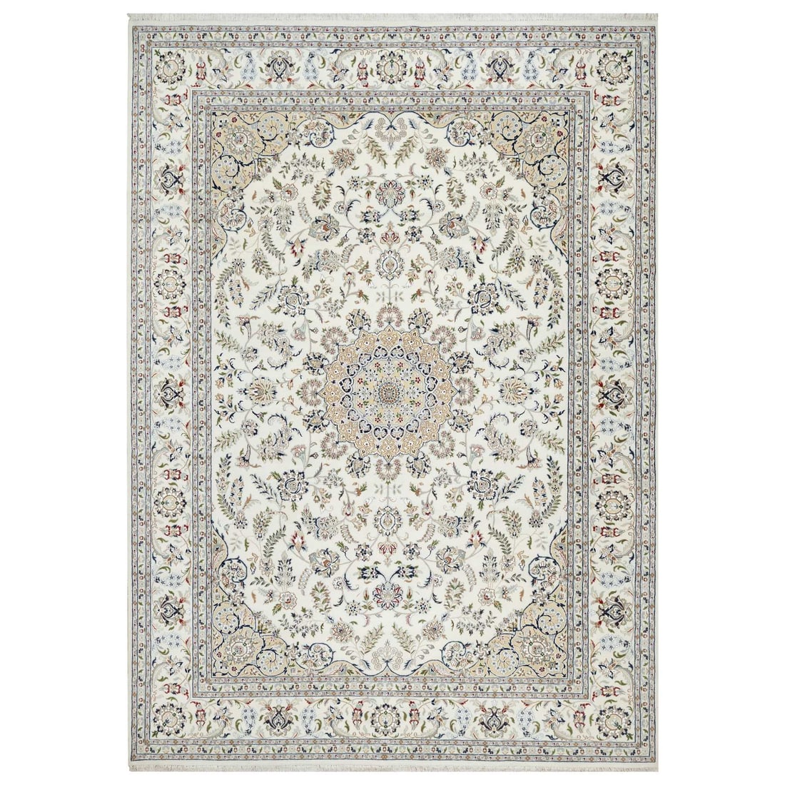 Spring White, 250 KPSI, Nain Design, Wool and Silk Hand Knotted Rug: Title: Spring White, 250 KPSI, Nain Design, Wool and Silk Hand Knotted Rug Description:This is a truly genuine one-of-a-kind. It has been Knotted for months and months in the centuries-old weaving