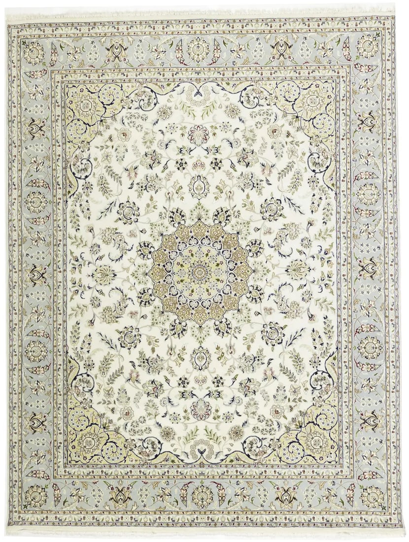 Cream Floral 8X10 Indo-Nain Oriental Rug: Title:Cream Floral 8X10 Indo-Nain Oriental Rug Description:Handmade 8X10 cream Oriental rug made with vegetable dyes (fine wool pile and cotton foundation), exceptional knot count, and appealing 