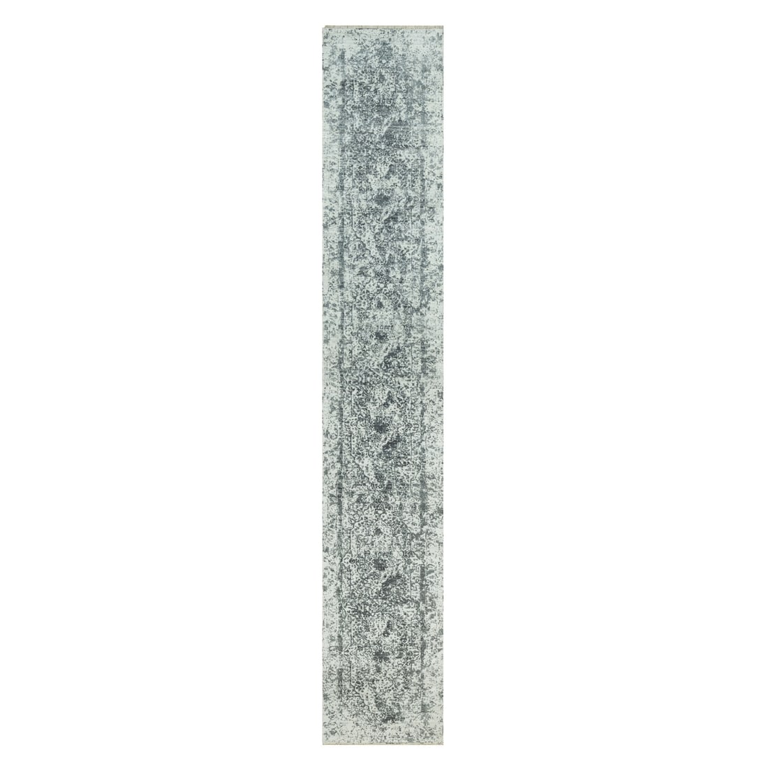 Gray Hand Knotted Zoroastrian Design Wool And Silk XL Runner Rug: Title: Gray Hand Knotted Zoroastrian Design Wool And Silk XL Runner Rug Description:This is a truly genuine one-of-a-kind. It has been Knotted for months and months in the centuries-old weaving crafts