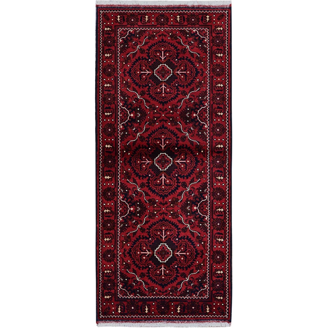 Red Afghan Khamyab with Tribal Design Hand Knotted All Wool Runner Rug: Title: Red Afghan Khamyab with Tribal Design Hand Knotted All Wool Runner Rug Description:This is a truly genuine one-of-a-kind. It has been Knotted for months and months in the centuries-old weaving 