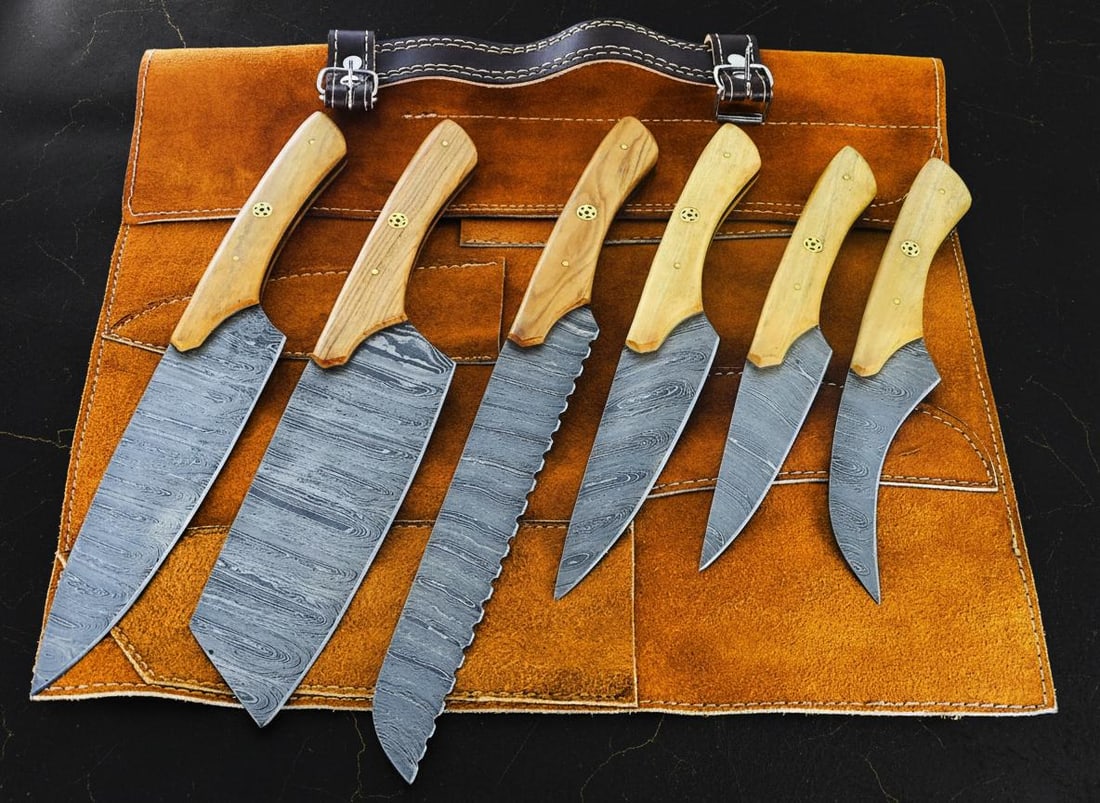 Hand Forged Damascus Steel Chef Knife Set 6-Piece Kitchen Knives Olive Wood Handle: Title:Hand Forged Damascus Steel Chef Knife Set 6-Piece Kitchen Knives Olive Wood Handle Description:This is a hand-forged, six-piece chef knife set crafted from high-quality Damascus steel. The set