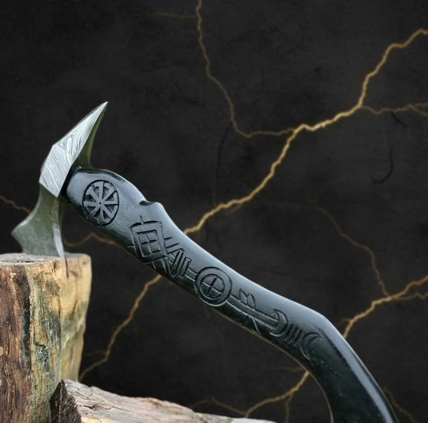 Hand-Forged Damascus Steel Viking Hatchet Carved Wood Handle with Sheath - 10