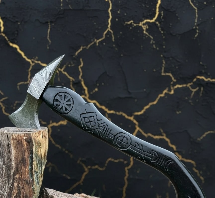 Hand-Forged Damascus Steel Viking Hatchet Carved Wood Handle with Sheath - 2