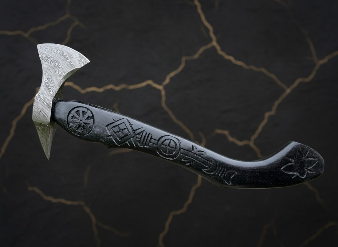 Hand-Forged Damascus Steel Viking Hatchet Carved Wood Handle with Sheath - 3