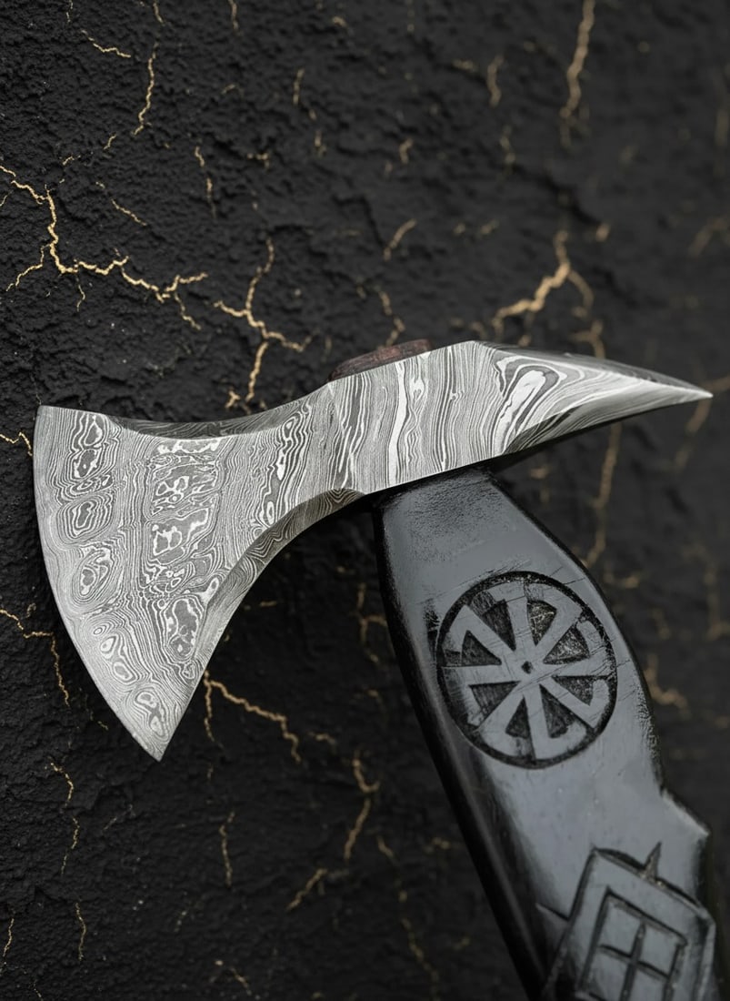 Hand-Forged Damascus Steel Viking Hatchet Carved Wood Handle with Sheath - 4