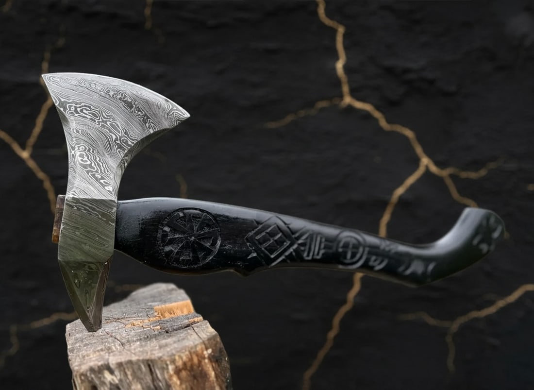Hand-Forged Damascus Steel Viking Hatchet Carved Wood Handle with Sheath - 5
