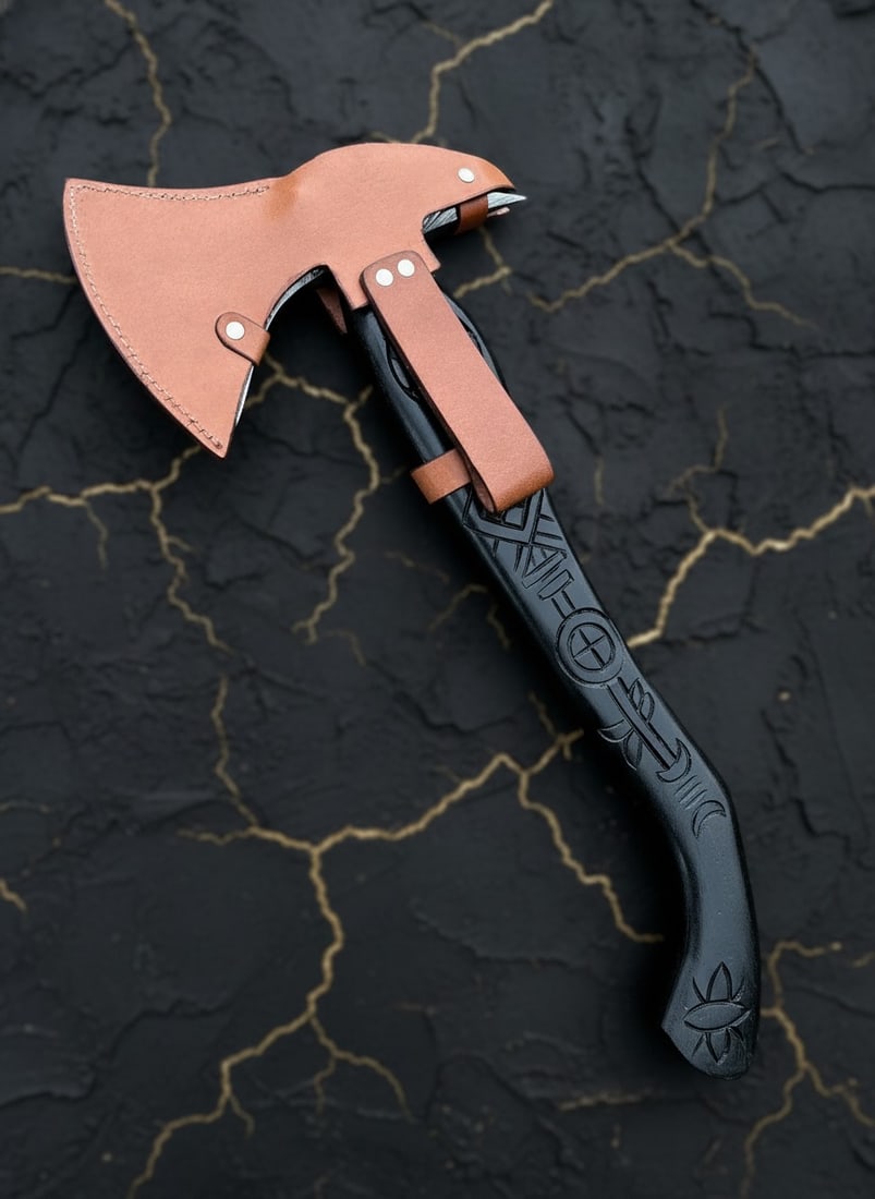 Hand-Forged Damascus Steel Viking Hatchet Carved Wood Handle with Sheath - 6