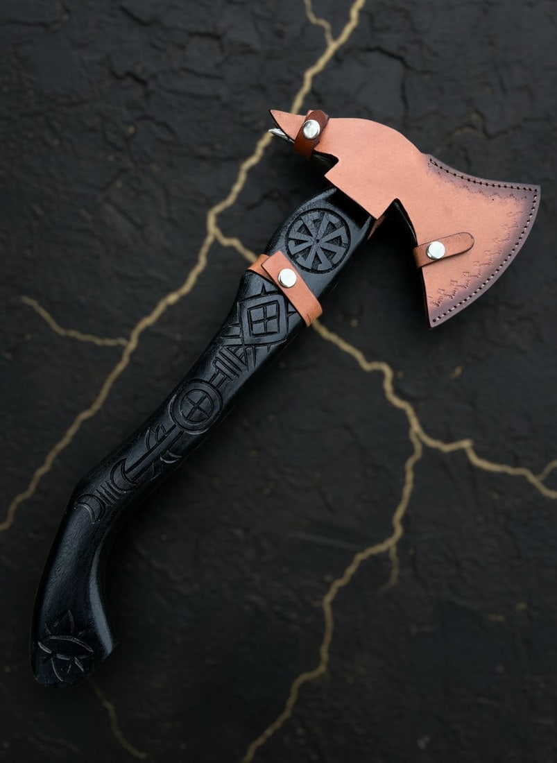 Hand-Forged Damascus Steel Viking Hatchet Carved Wood Handle with Sheath - 7