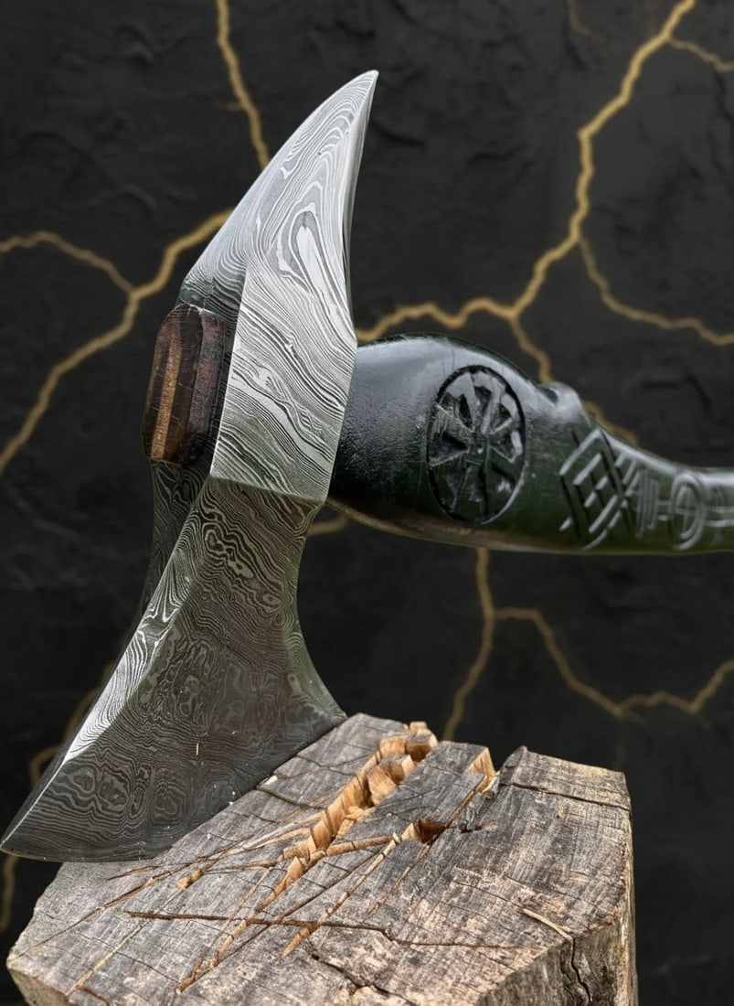 Hand-Forged Damascus Steel Viking Hatchet Carved Wood Handle with Sheath - 9